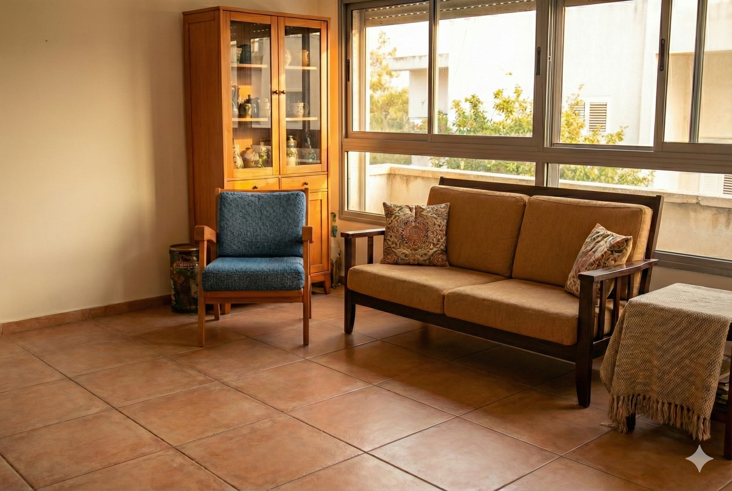 ספת עץ וכוננית לצידה לפני חלון סלון גדול