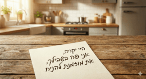 תמונה של פתק מונח על אי במטבח וכתוב עליו היי יקרה, אני פה בשבילך, את מוזמנת להניח