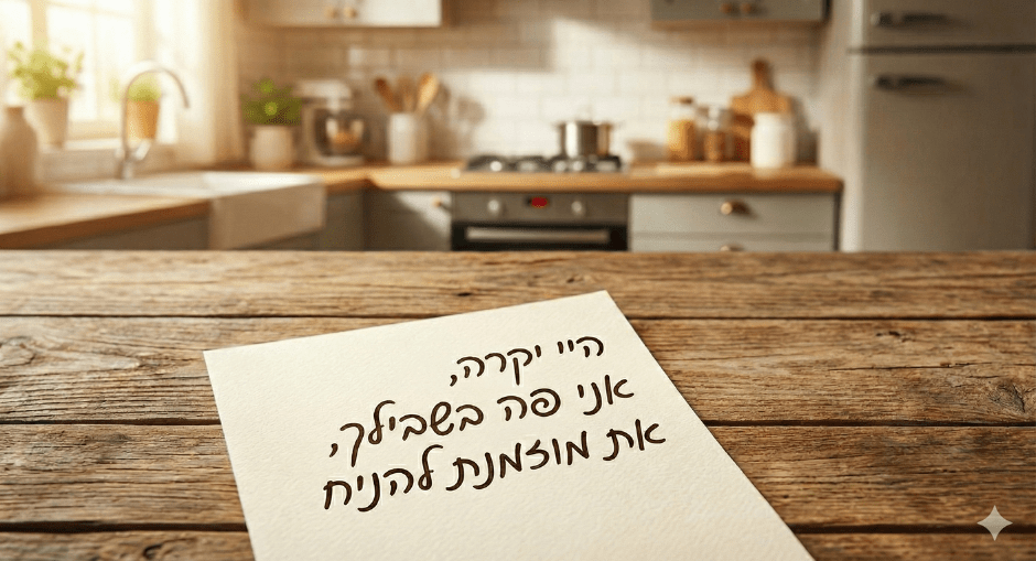 תמונה של פתק מונח על אי במטבח וכתוב עליו היי יקרה, אני פה בשבילך, את מוזמנת להניח